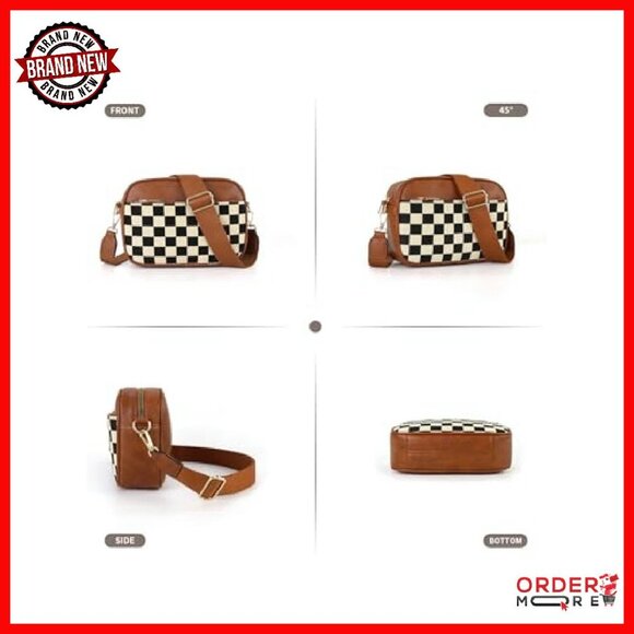 PU Leather Crossbody Bag Adjustable Strap Checkerboard Plaid Handbag - Picture 4 of 7